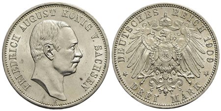 GERMANIA - SASSONIA - Federico Augusto III (1904-1918) - 3 Marchi - 1909 E - AG Kr. 1267<br>FDC