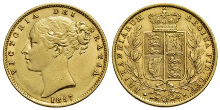 GRAN BRETAGNA - Vittoria (1837-1901) - Sterlina - 1857 - Stemma - AU Kr. 736.1<br>qSPL/SPL
