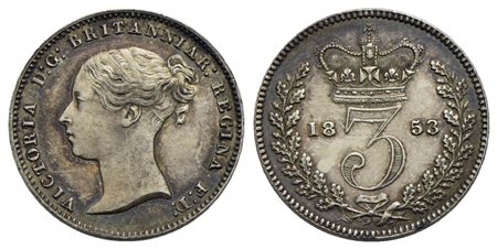 GRAN BRETAGNA - Vittoria (1837-1901) - 3 Pence - 1853 - AG R Kr. 730 Segnettino al bordo - Fondi luc