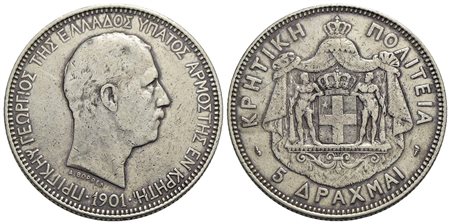 GRECIA - CRETA - Giorgio Principe (1898-1906) - 5 Dracme - 1901 - AG R Kr. 9<br>BB