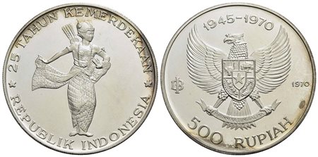 INDONESIA - Repubblica - 500 Rupie - 1970 - 25° Indipendenza - AG Kr. 25 Proof<br>FDC