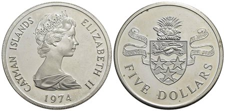 ISOLE CAYMAN - Elisabetta II (1952) - 5 Dollari - 1974 - AG Kr. 8 Proof<br>FDC