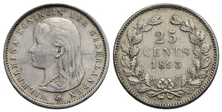 OLANDA - Guglielmina (1890-1948) - 25 Centesimi - 1893 - AG R Kr. 115 Segnetti<br>SPL