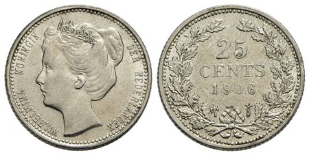OLANDA - Guglielmina (1890-1948) - 25 Centesimi - 1906 - AG Kr. 120.2 Segnettini<br>qSPL/SPL