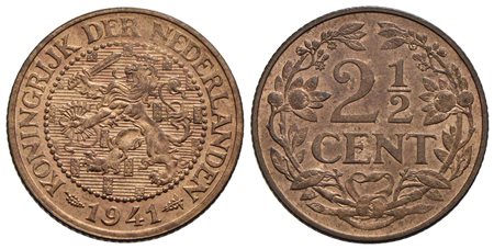 OLANDA - Guglielmina (1890-1948) - 2,5 Centesimi - 1941 - CU Kr. 150 Rame rosso<br>FDC