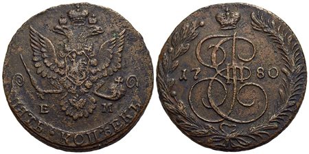 RUSSIA - Caterina II (1762-1796) - 5 Copechi - 1780 EM - CU Kr. 59.3<br>BB+/qSPL