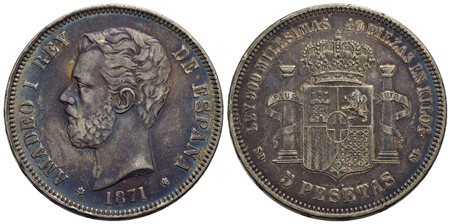 SPAGNA - Amedeo I (1871-1873) - 5 Pesetas - 1871 (71) SD M - AG Kr. 61 Patinata<br>qSPL/SPL+