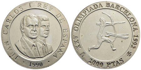 SPAGNA - Juan Carlos (1975-2014) - 2.000 Pesetas - 1990 - Olimpiadi 1992 - AG Kr. 859 Proof<br>FDC