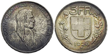 SVIZZERA - Confederazione - 5 Franchi - 1926 - AG R Kr. 38 Stupenda patina<br>FDC