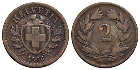 SVIZZERA - Confederazione - 2 Rappen - 1866 B - BR NC Kr. 4.1<br>BB
