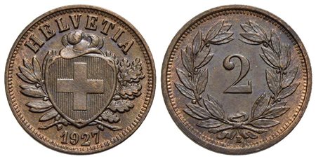 SVIZZERA - Confederazione - 2 Rappen - 1927 B - BR NC Kr. 4.2 Riflessi rossi<br>qFDC/FDC