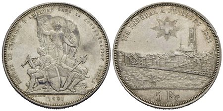 SVIZZERA - Tiri Federali - 5 Franchi - 1881 - Friburgo - AG Kr. 515 Colpetto<br>qSPL