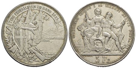 SVIZZERA - Tiri Federali - 5 Franchi - 1883 - Lugano - AG R Kr. S16 Colpo<br>qSPL