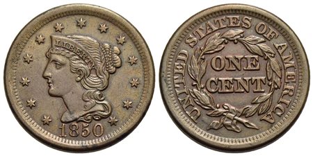 U.S.A. - Centesimo - 1850 - Braided hair - CU R Kr. 67<br>qFDC