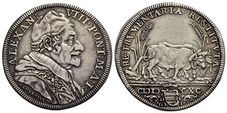 ROMA - Alessandro VIII (1689-1691) - Testone - 1690 A. I - Busto con camauro a d. - R/ Buoi aranti a