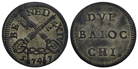 ROMA - Benedetto XIV (1740-1758) - Muraiola da 2 baiocchi - 1747 - Chiavi decussate e legate - R/ Sc