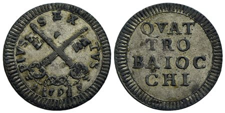 ROMA - Pio VI (1775-1799) - Muraiola da 4 baiocchi - 1793 - (MI g. 2,58) RR CNI 249; Munt. 91<br>qSP