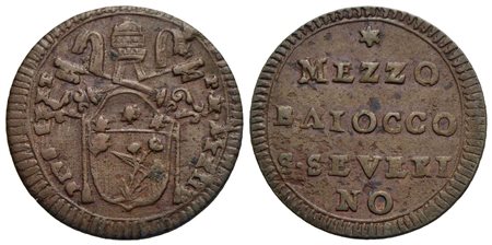 SAN SEVERINO - Pio VI (1775-1799) - Mezzo baiocco - A. XXIII - (CU g. 3,93) R CNI 40; Munt. 411a<br>