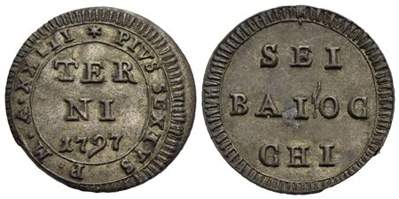 TERNI - Pio VI (1775-1799) - Muraiola da 8 baiocchi - 1797 - (MI g. 2,98) RR CNI 6; Munt. 419<br>SPL