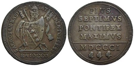 ROMA - Pio VII (1800-1823) - Baiocco - 1801 - (CU g. 11,05) Pag. 77; Mont. 51 IV tipo<br>BB+<br><br>