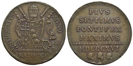 ROMA - Pio VII (1800-1823) - Baiocco - 1816 A. XVI - (CU g. 11,74) RR Pag. 111b; Mont. 121 Colpetti<