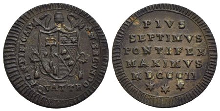 ROMA - Pio VII (1800-1823) - Quattrino - 1802 - (CU g. 2,5) Pag. 90/g; Mont. 67/74<br>qFDC<br><br>Co