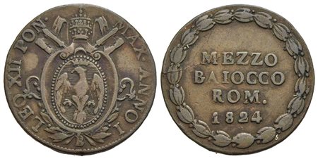 BOLOGNA - Leone XII (1823-1829) - Mezzo baiocco - 1824 A. I - (CU g. 5,86) Pag. 119; Mont. 11<br>bel