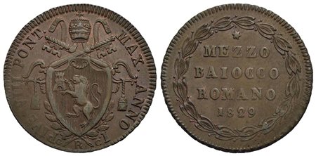 ROMA - Pio VIII (1829-1830) - Mezzo baiocco - 1829 - (CU g. 5,65) Pag. 148a; Mont. 11<br>SPL-FDC<br>