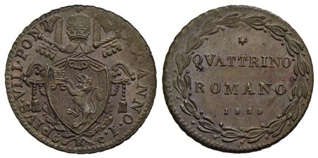 ROMA - Pio VIII (1829-1830) - Quattrino - 1829 - (CU g. 2,5) Pag. 149; Mont. 13<br>qFDC<br><br>Con c