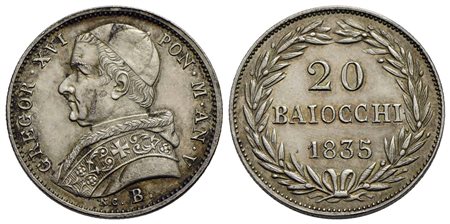 BOLOGNA - Gregorio XVI (1831-1846) - 20 Baiocchi - 1835 A. V - (AG g. 5,42) R Pag. 166; Mont. 116<br