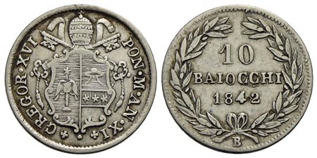 BOLOGNA - Gregorio XVI (1831-1846) - 10 Baiocchi - 1842 A. XI - (AG g. 2,67) R Pag. 180/a; Mont. 143