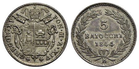 BOLOGNA - Gregorio XVI (1831-1846) - 5 Baiocchi - 1844 A. XIV - (AG g. 1,34) R Pag. 193a; Mont. 170<