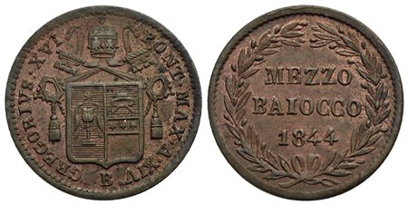 BOLOGNA - Gregorio XVI (1831-1846) - Mezzo baiocco - 1844 A. XIV - (CU g. 5,06) Pag. 227a; Mont. 250