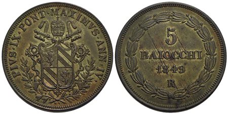 ROMA - Pio IX (1846-1866) - 5 Baiocchi - 1849 A. IV - (CU g. 40,46) Pag. 475; Mont. 240<br>SPL+<br><