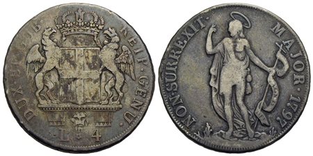 GENOVA - Dogi Biennali (terza fase, 1637-1797) - 4 Lire - 1797 - AG R CNI 8; Mont. 47 Con cartellino