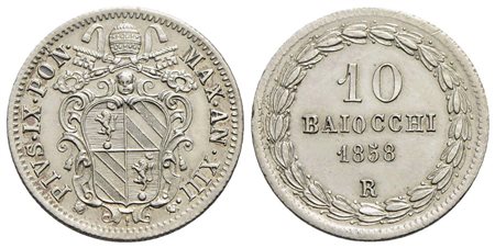 ROMA - Pio IX (1846-1866) - 10 Baiocchi - 1858 A. XIII - AG Pag. 439; Mont. 192 Tracce di pulizia al