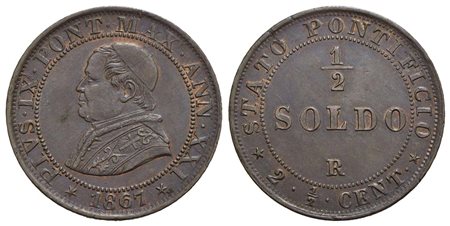 ROMA - Pio IX (1866-1878) - Mezzo soldo - 1867 A. XXI - CU Pag. 605; Mont. 415<br>qFDC