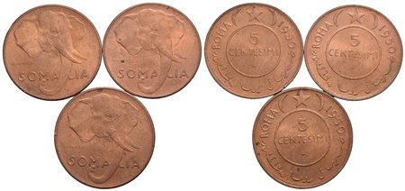 A.F.I.S. (1950-1960) - 5 Centesimi - 1950 - CU Mont. 8 Lotto di tre pezzi rame rosso con alcune mini