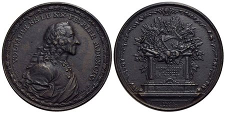 PERSONAGGI - Voltaire (filosofo) (1694-1778) - Medaglia - 1770 - Busto a d. - R/ Emblemi di arte e s