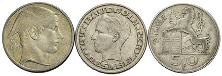Estere - BELGIO - 50 Franchi 1951 (2) e 1958 - Lotto di 3 monete in Ag.<br>BB÷SPL+