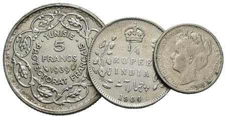 Estere - INDIA 1/4 rupia 1904, Olanda 10 c. 1904 e Tunisia 5 f. 1939 - Lotto di tre monete<br>qBB÷BB