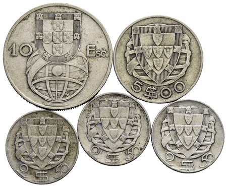 Estere - PORTOGALLO - Lotto di 5 monete in Ag. -<br>med. BB