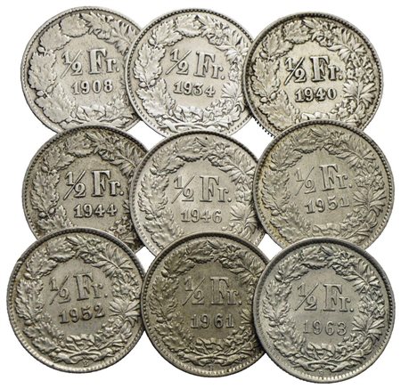 Estere - SVIZZERA - 1/2 Franco tutti anni diversi - Lotto di 9 monete in Ag.<br>BB+÷qFDC