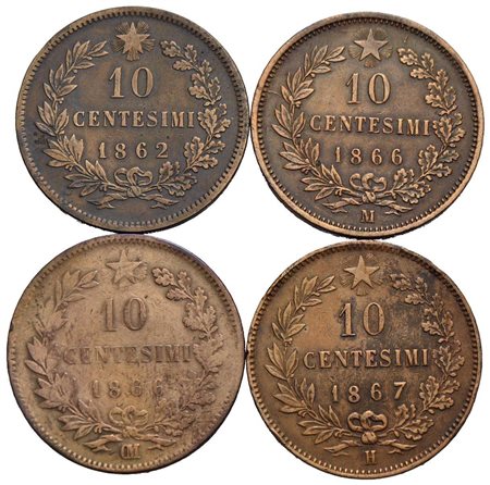 Savoia - Vittorio Emanuele II Re d'Italia (1861-1878) - 10 c. 1862-66 M-66 OM-67 H - Lotto di 4 mone