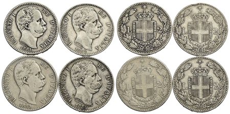 Savoia - Umberto I (1878-1900) - 2 lire 1881-2-3-4 - Lotto di 4 monete<br>Varie