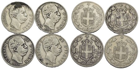 Savoia - Umberto I (1878-1900) - 2 lire 1881-2-3-4 - Lotto di 4 monete<br>Varie