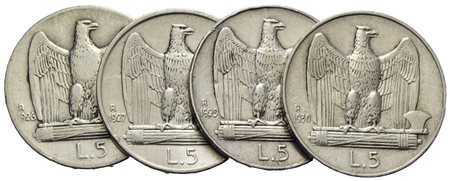 Savoia - Vittorio Emanuele III (1900-1943) - 5 Lire - 1926-27*-29**-30 Aquiletta - Lotto di 4 monete