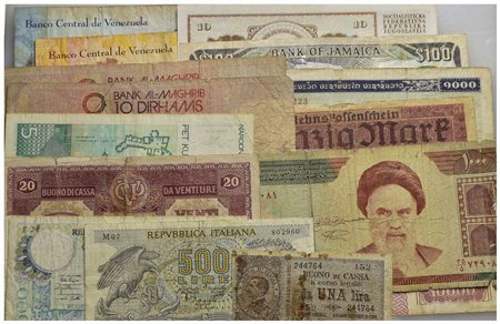 Cartamoneta-Italiana - Lotto di 5 banconote italiane e altre 10 mondiali in bassa conservazione -<br