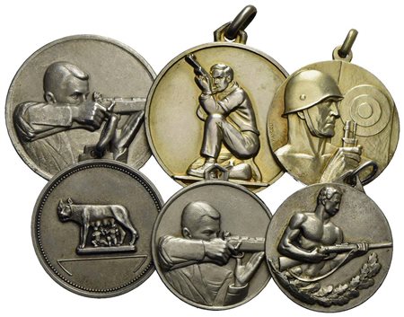 Medaglie - TIRO A SEGNO - Con appiccagnolo e anella,tutte in Ag ( gr.91,3) - Lotto di 6 medaglie<br>