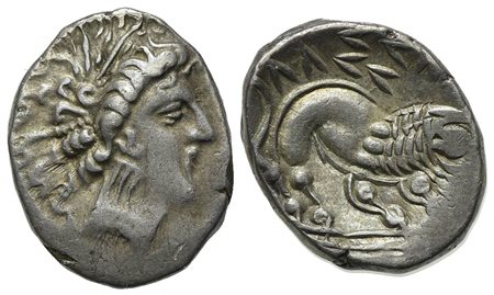 Celtic, Southern Gaul. Insubres, Drachm, 2nd century BC. AR (g 2,92; mm 13; h 2). Imitating Massalia. Wreathed head of female r.; Rv. Lion standing r. BMC 3-6. Good very fine